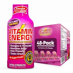 Vitamin Energy B12 11.000% Extra Strength Energy Shot Pink Berry 48 Pack, 260mg Natural Caffeine, B12 & B6, Nootropic Focus, Vitality, Zero Sugar, Gluten-Free, Vegan, Kosher, 1.93 fl oz