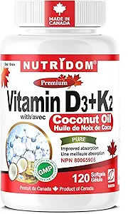 Nutridom vitamine D3 + K2 avec huile de coco (120 softgels)