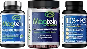 Magtéine Magnésium L-Thréonate 60 Capsules, Magcéutiques Gummies adultes 150 Compte, Vitamine D3 K2 30 Capsules - Bundle