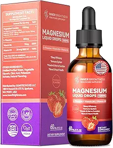 Magnesium Glycinate Flüssigkeitstropfen 1500mg mit Magnesium Citrat & Taurate, L-Theain, Vitamin D3, B6, unterstützt Kalm, Schlaf, Muskelentspannung, Leg Cramps & Energy, Erdbeeren Flavor, 60 mL