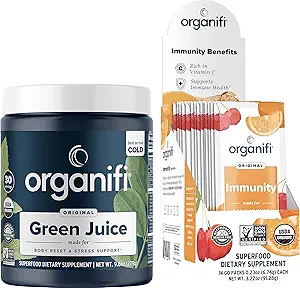 Organifi Grüne Saft Superfood Pulver (30 Portionen) und Immunität Getränke Mix (14 Packungen) Vitamin C, Vitamin D, Zink, Detox Cleanse, Stress Relief und Immunität Unterstützung - Glutenfrei, Vegan, Ganzes Essen