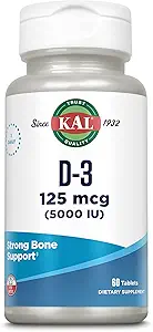 KAL Vitamin D3 5000 IU 125 mcg, hohe Potenz Vitamin D Tablets, Kalziumabsorption, Knochengesundheit und Immununterstützungsergänzung, schnelle Zersetzung D-3 ActivTabs, 60-Tage Garantie, 60 Serv, 60 Tabletten