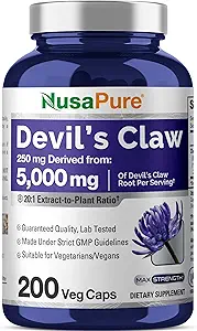 NusaPure Devil's Claw 20:1 Extrakt, 250 mg Äquivalent zu 5000mg, 200 Veggie Kapseln, Konzentrierte Wurzelextrakt, Teufel Krallen Kräuterergänzung, Non-GMO, Vegan Ergänzung
