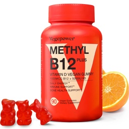 Vitamin B12 D3 Vegan-Gummien - 90 Graf I 1000 MCG Methyl B12 & 5000 IU Vitamin D Gummy Chewable Supplements für Erwachsene & Kinder - Immune Gesundheit & Tagesenergie Boost - Non-GMO, Orange