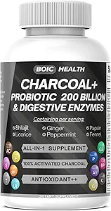 Aktivkohlekapseln – extra Stärke mit Shilajit, 200 Billion CFU Probiotics, Verdauungsenzyme, Peppermint, Fennel, Licorice & Ginger – 120 Kapseln (Pack von 1)
