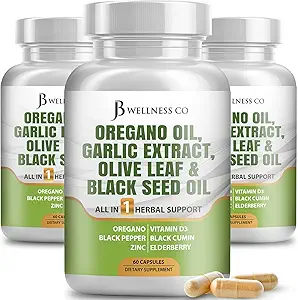 JB Wellness Oregano Öl, Knoblauch Extrakt, Olivenblatt, mit Astragalus - Immununterstützung & Verdauungsergänzung für Frauen und Männer - 180 Count