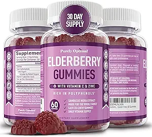 Rein optimale Elderberry-Gummien - Immununterstützungsergänzung mit Vitamin C & Zink, Bio Black Elderberry Extract, Vegan, Non-GMO, Gluten-Free, 60 Count