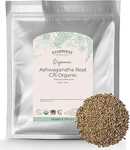 Starwest Botanicals Organic Ashwagandha Root für Damen und Herren - Getrocknete Kräuter für Tee, Kapseln, & natürliche Kräutermischungen, Schnitt & Gefertigt, Zertifizierte Kosher, Non-GMO - Bulk 1 lb Tasche