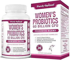Purely Optimale Frauen Probiotics 60 Billion CFU – unterstützt Verdauungs- & Vaginale Gesundheit, Odor Control, pH Balance – mit Prebiotics & Cranberry – Shelf-Stable Probiotics für Frauen, 30 Kapseln