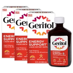 Geritol flüssige Vitamin- und Eisenergänzung, Energieunterstützung, Enthält hohe Potenz B-Vitamine und Eisen, angenehme Verkostung, leicht zu schlucken, keine künstlichen Süßungsmittel, Non-GMO, 12 Oz, 3 Pack