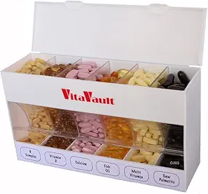 GMS VitaVault Vitamin & Pill Organizer - Medizin Kabinett Organizer mit 6 separaten großen Komponenten - Speichern bis zu 60 Tage Worth von 6 verschiedenen Vitaminen - Passt alle Größenergänzungen - 1 Stück