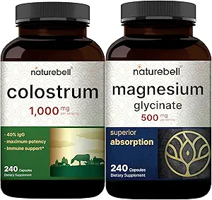 NatureBell Magnesium Glycinate Kapseln 500mg & Colostrum Kapseln 1000mg pro Servieren Bundle Pack | Chelat & Purified Mineral | Mutter erste Milch aus Gras Fed Bovine