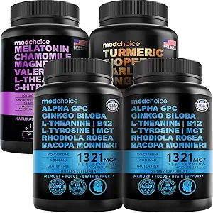 MEDCHOICE Sleep Melatonin (90ct), Turmeric & Ginger (120ct) und Nootropic Brain (120ct) Supplement Bundle - Wellness Trio für Gehirn, Schlaf und Immununterstützung - Vegan, Non-GMO, Gluten-Free