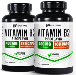 Gesundheit Vitamin B2 Riboflavin 400 mg | Packung von 2 | 180 Veg Kapseln Jede | Ergänzung | Glutenfrei | Non-GMO