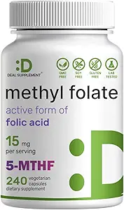 DEAL SUPPLEMENT L Methylfolat 15mg pro Servierung, 240 Veggie Kapseln – Active Folic Acid Form (5-MTHF), Bioverfügbarer methylierter Folat – Prenatal, Energy, & Brain Support Supplement – Non-GMO