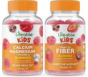 Lifeable Calcium Magnesium Kids + Prebiotic Fiber Kids, Gummis Bundle - Große Verkostung, Vitamin Supplement, Glutenfrei, GMO frei, Kaugummi