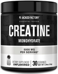 Poudre monohydratée en créatine de l'usine Jacked 150g - Supplément créatine quotidien 5g pour les hommes et les femmes, Amies des végétaliens, Testées en troisième partie - 30 portions, non aromatisées