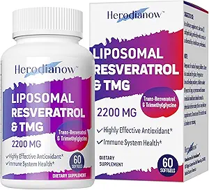 Liposomal Resveratrol mit TMG Supplement 2200 MG, 99% Reinheit Trans-Resveratrol & Trimethylglycin-Antioxidant, für Immunsystem, Haut & Gesamtgesundheit, 60 Softgels(Pack von 1)
