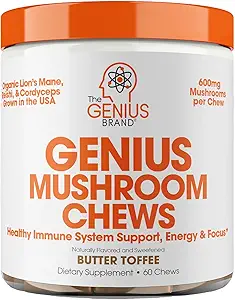 Genius Brand Genius Mushroom - Pflanzenbasierte Ergänzung für Immun-, Fokus- und Energieunterstützung - Lion's Mane, Cordyceps & Reishi - Organic & Non-GMO - Butter Toffee - 60 Soft Chews