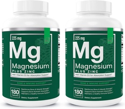 Elementi essenziali Magnesio Plus Zinco con vitamina D3 | Cuore formulato scientificamente, Bone e supporto muscolare | 225mg Complesso di Magnesio Triple-Strength con Glycinate, Malate, Citrate | 360 Count