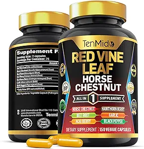 Red Vine Leaf Extract Supplement - 7in1 Formel - Kombinieren Sie mit Pferd Chestnut, Beet Root, Acai Berry, Hawthorn Berry, Knoblauch und Black Pepper - 150 Kapseln für 75 Tage Versorgung