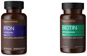 Elemente Eisen 18mg Kapseln, unterstützt Rote Blutzellenproduktion, Vegan (195 Zähler, 6 Monate Versorgung) und Elemente Vegan Biotin 5000 mcg - Haar, Haut, Nägel (130 Kapseln, 4 Monate Versorgung)