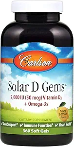 Carlson - Solar D Gems, Vitamin D3 und Omega-3 Supplement, 2000 IU Vitamin D3, 115 mg Omega-3s EPA und DHA, Vitamin D Fish Oil Capsule, Knochen & Immune Gesundheit, Vitamin D Supplement, Zitronen, 360 Softgel