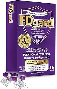 FDgard® pour la dyspepsie fonctionnelle (indigestion récurrente) Symptômes incluant, Troubles abdominales, Difficulté à terminer un repas, Bloatation, Nausées, 36 Capsules