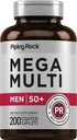 Piping Rock Multivitamin für Männer über 50+ | 200 Caplets | Mega 50 Plus Daily Multimineral | mit Magnesium, Calcium, Zink | Non-GMO, Glutenfreie Ergänzung