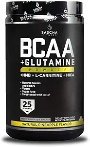SASCHA FITNESS BCAA 4:1:1 + Glutamin, HMB,L-Carnitin, HICA | Leistungsstarke und Instant-Pulvermischung mit verzweigtkettigen Aminosäuren (BCAAs) für Pre, Intra und Post-Workout|Natural Ananas Flavor,362.5g