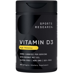Sportforschung Vitamin D3 1000iu (25mcg) Infused with Coconut Oil ~ Immune & Bone Support ~ Non-GMO Verified, Soy & Gluten Free (360 Mini Liquid Softgels)