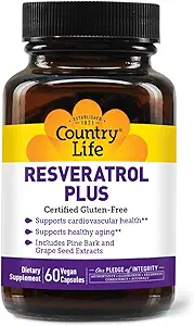 Country Life Resveratrol Plus 1000mg - Organic Antioxidant Supplement mit Pine Bark & Grape Seed Extrakte - Vegan, Glutenfrei, Non-GMO