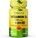 ORZAX Vitamin D3 10000 iu (250 mcg) – Non-GMO, Glutenfrei, Sugar Free, Dairy Free – 120-Tage-Versorgung für starke Muskelfunktion & Immununterstützung – Stimmungsergänzung für Wellness (120 Softgel)