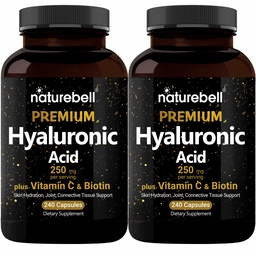 NatureBell 2 Pack Pflanze basiert Hyaluronsäure ergänzt 250mg mit 25mg Vitamin C & Biotin 5000mcg, 480 Gesamtkapseln | Essential for Hair Growth, Joint Support, & Hydrating Skin | Non-GMO
