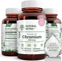 Natürliche Nutra GTF Chrom-Polynicotinat mit ChromeMate, unterstützt Körper-Metabolismus, Unterstützung Herz-Gesundheit, Körperfett-Ebene, Verbesserung Verdauung, Herz-Kreislauf-Gesundheit, 200 mcg, 120 Vegan Tabletten