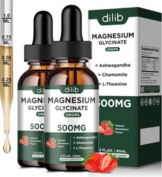 Magnesium Glycinate Flüssige Tropfen Ergänzung, mit Magnesium Glycinat 500mg Ashwagandha, L - Theanin, Kamille -Unterstützung Stress Relief, Knochen, Muskel, Mood Erdbeeren Flavor 2Pack