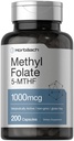 Horbäach Methylfolat Supplement | 1000 mcg | 200 Kapseln | 5-MTHF | Folsäure | Nicht-GVO, glutenfreies Methylfolat