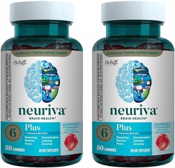 NEURIVA Plus Brain Supplemento per Memoria, Focus & Concentration + Funzione cognitiva con Nootropics Phosphatidylserine and Neurofactor, VIT B6 & B12, Fragola Flavor, 50 Gummies (2 Confezione)