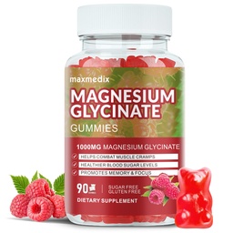 Magnesium Glycinate Gummie 1000mg, Sugar Free Magnesium Kalium Ergänzungen für Erwachsene mit L-Threonate für Schlaf, Körperunterstützung und Entspannung,90 Raspberry Gummis
