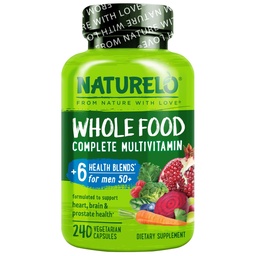 NATURELO Ganzes Lebensmittel Multivitamin für Herren 50+ - mit Vitaminen, Mineralien, Bio Kräuterextrakten - Vegan Vegetarier - für Energie, Gehirn, Herz und Augengesundheit - 240 Kapseln