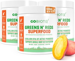 GOBIOTIX Super Greens and Reds Powder - Rote und grüne Superfood - Probiotische Beilage - Verdauungsenzyme und Rübenwurzelpulver - Bio Vollnahrung Nahrungsergänzungsmittel (Mango, 3 Pack)