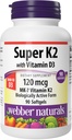 Webber Naturals Super Vitamin K2 MK-7 120 mcg mit Vitamin D3, 90 Softgels, unterstützt Knochen, Zähne und Herz-Kreislauf-System