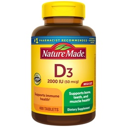Vitamine D3 2000 UI (50 mcg), supplément de vitamine D pour os, dents, muscles et immunitaires, 400 comprimés, 400 jours d'approvisionnement