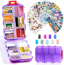 14 Grids Travel Pill Organizer Box mit 415-Pcs Medizin Name Etiketten, Pocket Daily Pharmacy Case Container, Reise Medication Holder Dispenser Kit für Fish Oil Vitamin Supplement Storage -Clear Purple