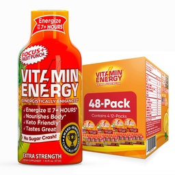 Vitamin Energy Focus+ Extra Strength Energy Shot Fruit Punch 48 Pack, 260mg Natürliche Koffein, B-Vitamine, CoQ10, Aminosäuren, Fokus, Produktivität & Clarity, Zero Sugar, Glutenfrei, 1,93 fl oz