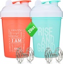 [2 Pack] 20-Ounce Shaker Bottle mit Motivationsnotizen (Coral & Mint) | Protein Shaker Bottle mit Mixer Agitators | Blender Shaker Bottle for Protein Mixes Pack ist BPA Free und Spülmaschine Safe