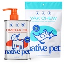 Native Pet Omega Öl für Hunde - Hunde Fisch Öl Ergänzungen & Yak Chews für Hunde | Weide-Raised and Organic Yak Cheese Himalayan Churpi Chews | 8 Oz. & 3 große Yak Chews