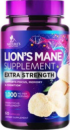 Lions Mane Mushroom Capsules 10.000mg - Lion's Mane Supplement Capsules for Memory and Focus Support, Gehirn, Immune Health Support, Vegan, Bottled in USA, Lions Mane Mushroom Powder Extract, 60 Count
