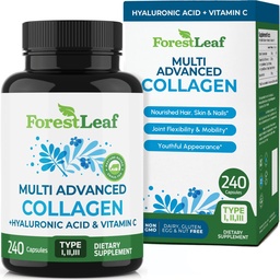 ForestLeaf Multi Collagen Pillen - Collagen Men & Collagen Women - hydrolysierte Collagen Ergänzungen mit Vitamin C & Hyaluronsäure - Collagen Kapseln für Haare, Haut und Nägel (240 Peptide Kapseln)