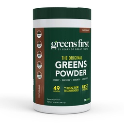 Greens First Original Greens Powder - 49 Superfoods - Bio Fruits & Veggies - Präbiotika, Probiotika & Verdauungsenzyme - Antioxidant Smoothie - Dairy Free, Vegan, Non-GMO (Chocolate, 30 Servietten)